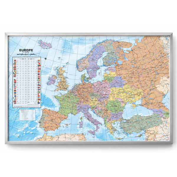 Kurk prikbord Europa kaart - zilveren lijst - 60 x 90 cm