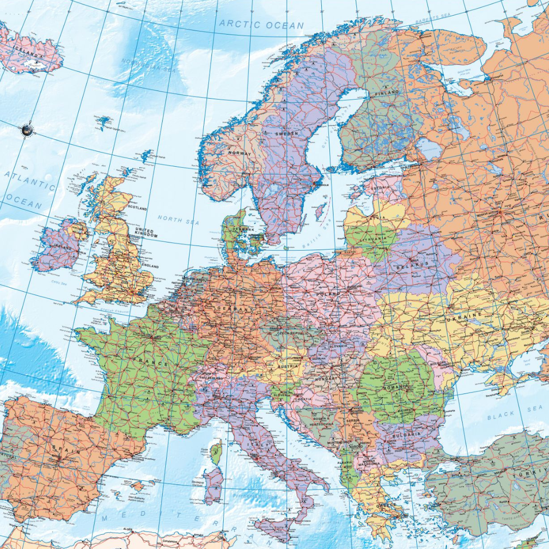 Kurk24 Kurk prikbord Europa kaart - zilveren lijst - 60 x 90 cm