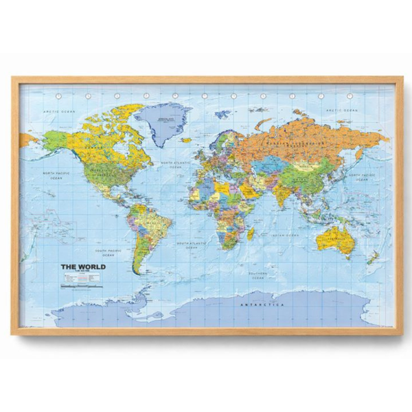 kurk prikbord wereldkaart - houten lijst - 60 x 90 cm