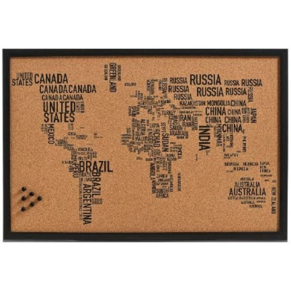 Kurk prikbord - wereldkaart - zwarte zeefdruk - 60 x 40 cm - LETTERKAART