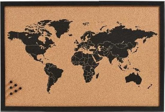 Kurk24 Kurk prikbord - wereldkaart - zwarte zeefdruk - 60 x 40 cm