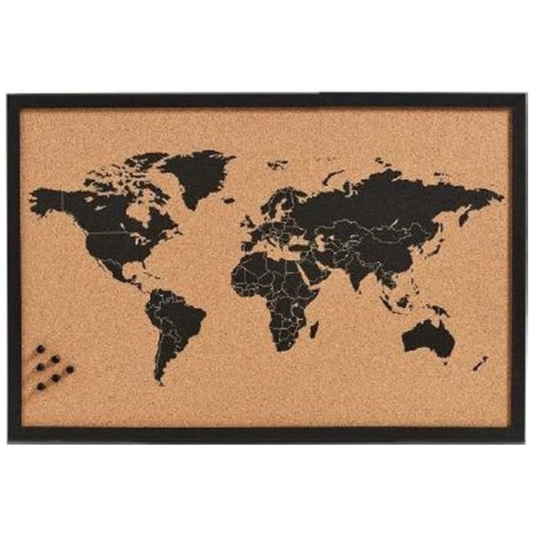 Kurk24 Kurk prikbord - wereldkaart - zwarte zeefdruk - 60 x 40 cm