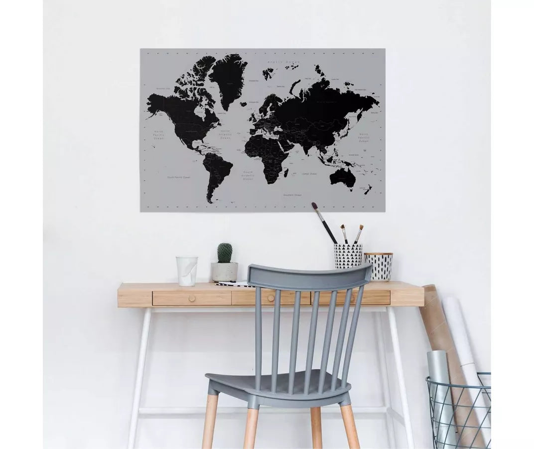 Kurk24 Poster wereldkaart zilver - 60 x 90 cm