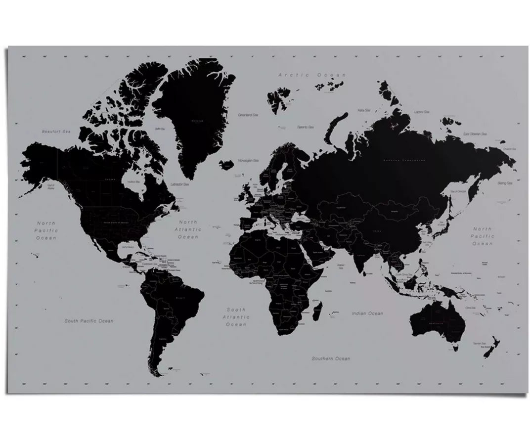 Kurk24 Poster wereldkaart zilver - 60 x 90 cm