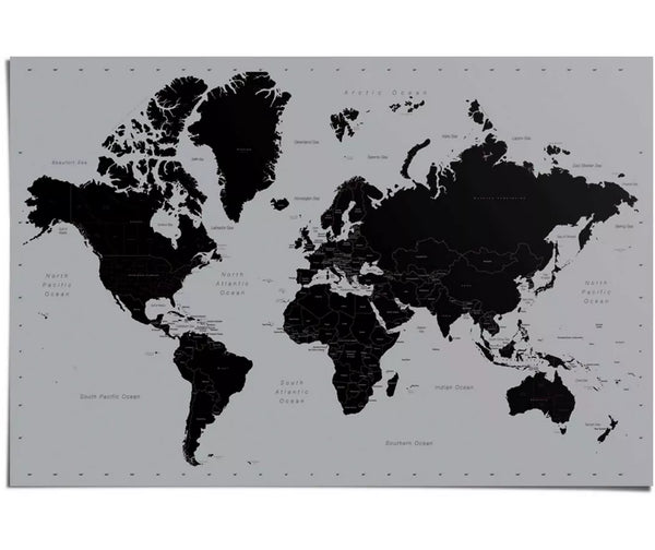 Poster wereldkaart zilver - 60 x 90 cm